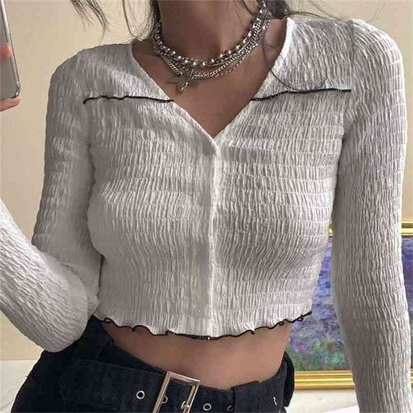 

women t-shirt long sleeve v-neck ruffles button short slim fit hollow out butterfly office lady clothing 210522, White