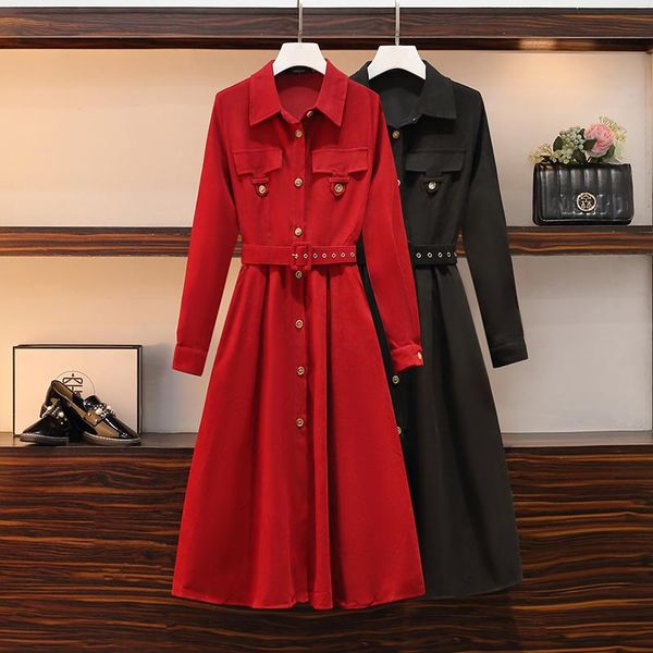 

casual dresses woman long shirt dress slim korean clothing 2021 autumn red black oversized with belt turn down collar vestido, Black;gray