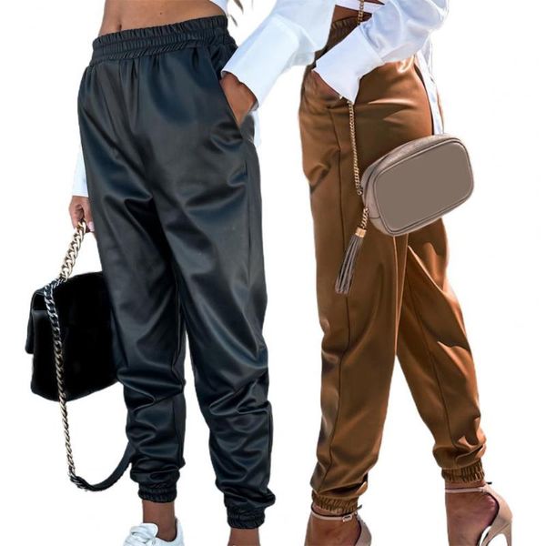 

women's pants & capris women autumn fashion elegant office ladies casual loose harem solid color all match faux leather temperament, Black;white