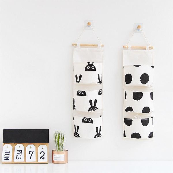 

storage boxes & bins black white 3-pocket hanging bag wall cotton linen cloth nordic simple style door home