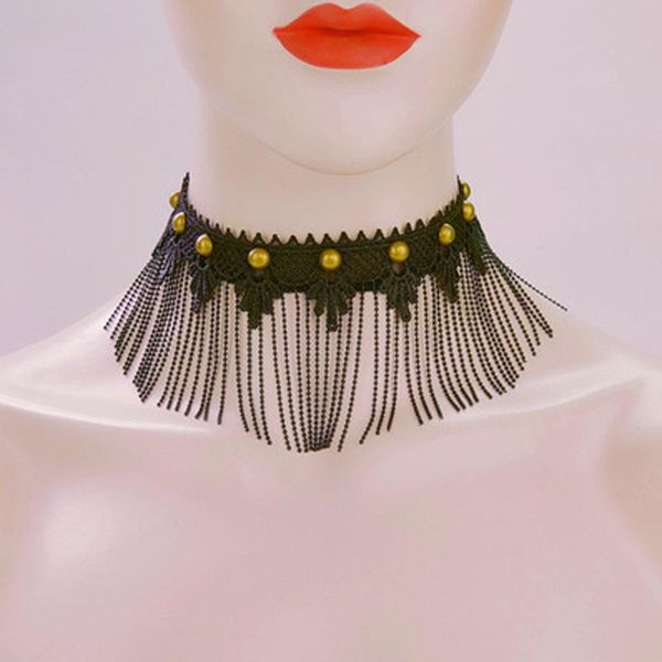 

chokers collares gothic crystal black lace neck choker necklace vintage victorian women tassel chocker steampunk jewelry, Golden;silver
