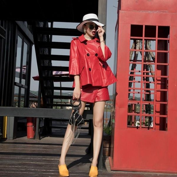

women's leather & faux red korean black three quarter flare sleeve ladies genuine coat slim sheepskin jacket real manteau mouton