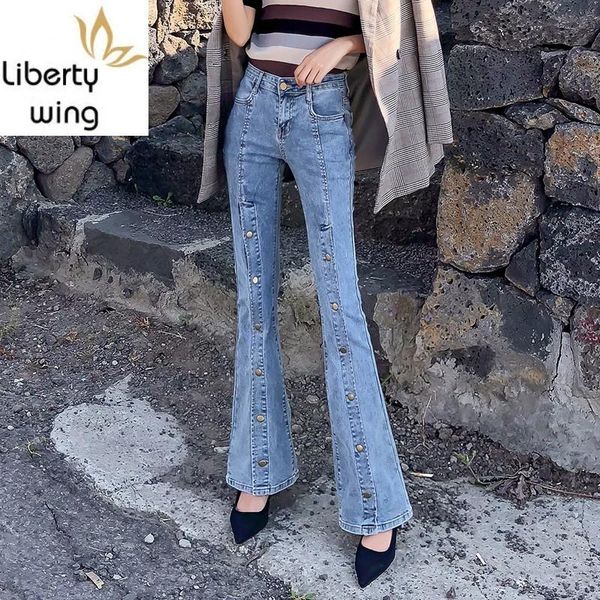 

women's jeans fashion button design flare women streetwear office zipper wide leg vintage slim denim trousers female light blue