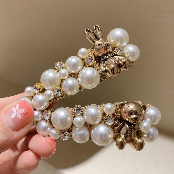 

hair clips & barrettes korean bear imitation pearl accessories for women metal clip geometric hairpin crystal pins headdress gift, Golden;silver