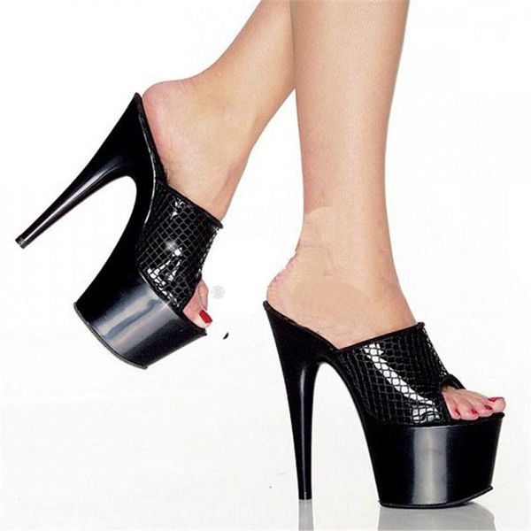 

summer fashion leather open-toe stage 15 cm platform sandals, check vamp 6 inch high heels slippers sandals, Black