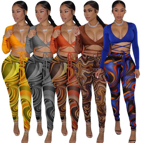 

women's two piece pants echoine lace bandage crop sheer mesh print legging set outfits skinny bodycon streetwear tracksuit, White