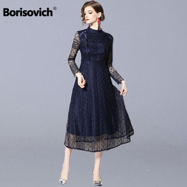 

borisovich women lace long dress new spring vintage england style big swing a-line ladies elegant party dresses n800 210412, Black;gray