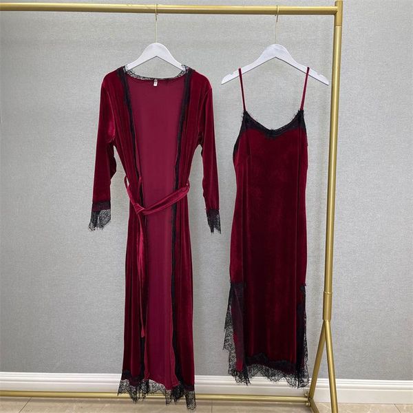

women's sleepwear autumn winter robe nightgown two-piece suit velvet lace trim long bathrobe loose casual home dress lingerie, Black;red