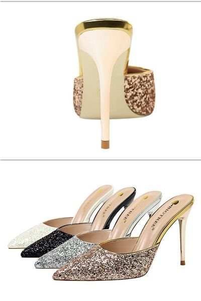 

dress shoes women sequined cloth pumps 9cm stiletto high heels 2021 fashion brand sandals ladies slip on female zapatos mujer, Black