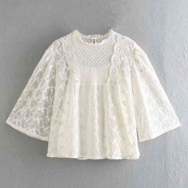 

spring women embroidery lace splicing blouse o neck smock female puff sleeve shirt office lady loose blusas s8502 210430, White