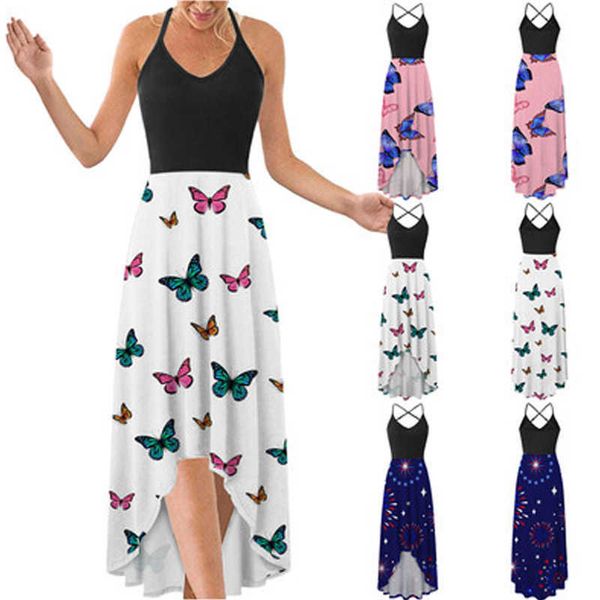 

-coming spring summer holiday long dress cross spaghetti strap backless print beach style calf-length irregular women dresses 210527, Black;gray