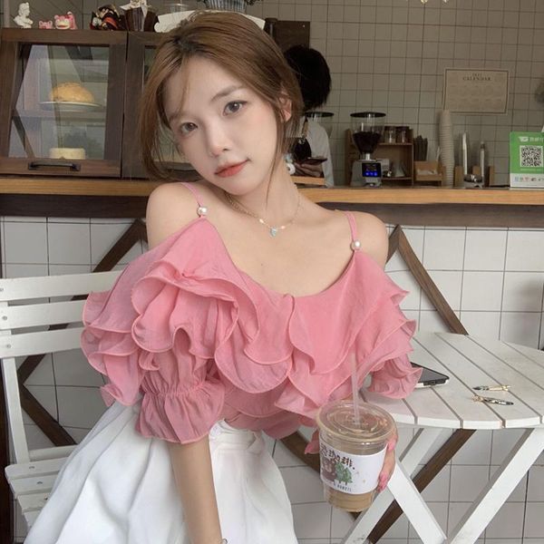 

women's blouses & shirts sannian one-shoulder sling short-sleeved chiffon shirt women summer 2021 design sense sweet ruffled clothes, White