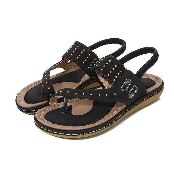 

round toe rivets ladies beach sandals 2021 summer fashion soft bottom flat elastic band comfortable and breathable women's shoes, Black