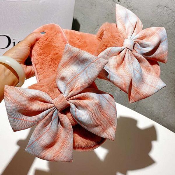 

winter woman cotton slippers slip on faux fur warm shoes non-slip home slippers big bow flats female house xx543 210625, Black