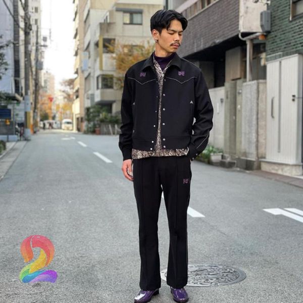 

men's pants oversize awge needles sportswear men women suit butterfly embroidery striped ribbon short jacket casual, Black