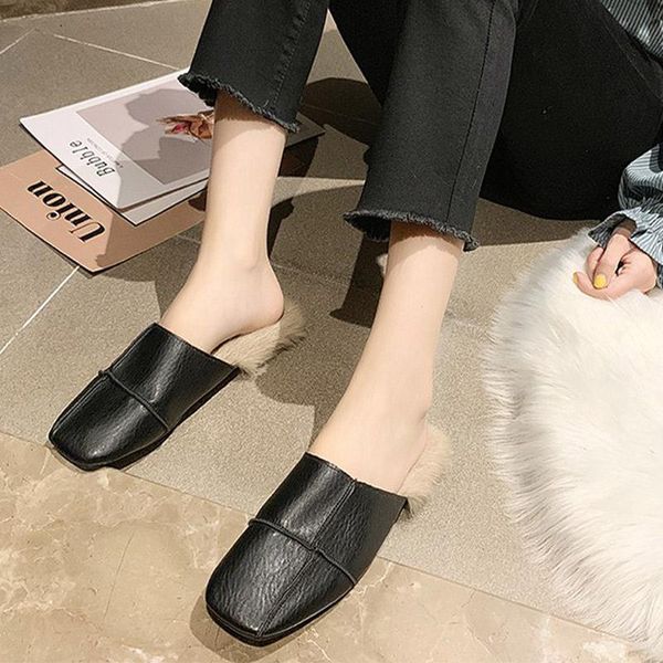 

women winter slippers fluffy ladies mules female warm plush fashion slipper flats soft woman shoes pu square toe, Black