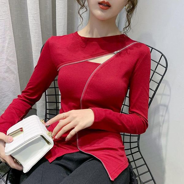 

women's blouses & shirts 2021 women autumn elegant loose slim blouse lady casual chic zipper long sleeve female solid hollow out o neck, White