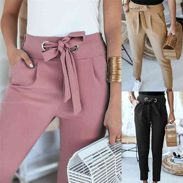 

england style women autumn solid color pencil pants bandage design pocket decor high waist slim hips trousers for streetwear 210915, Black;white