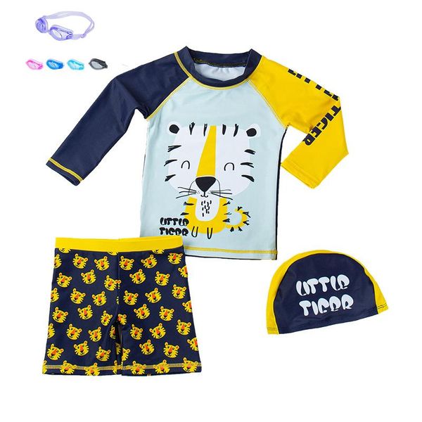 

cartoon tiger children swims 4pcs baby swimsuit for uv protection kid swimwear 2021 bath beach costumes one-pieces, Black
