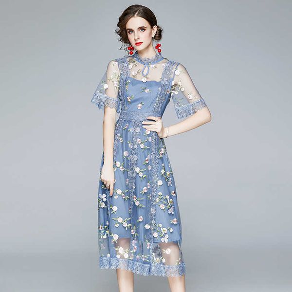 

arrival runway summer party lace short sleeve dress women's mesh flower embroidery ruffle patchwork dresses vestido 210529, Black;gray