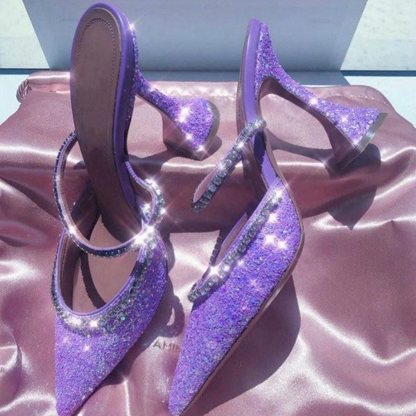 

slippers luxury rhinestone sequined high-heeled shoes horseshoe heel back empty sandals female bag toe wedding, Black