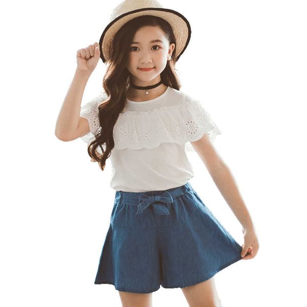

kids clothes girls lace tshirt + skirt teenage clothing summer casual style kid 6 8 10 12 14 210528, White