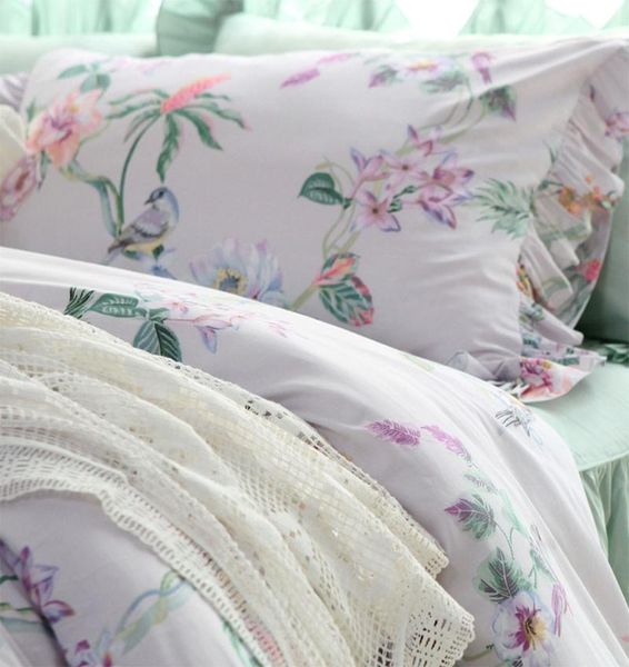 

bedding sets pastoral flower bird set,twin full  king cotton sweet romantic purple home textile bedspread pillowcase duvet cover