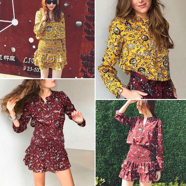 

[elfstyle] - floral print blouse shirt front button up long sleeves+short ruffled skirt high smocked waist 2 pieces set two piece dress, White