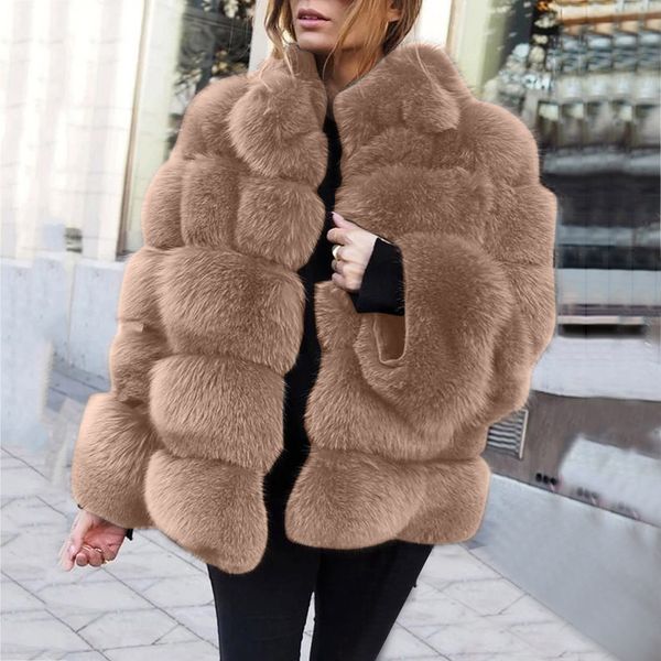 

2021 new style faux fur coats long sleeve women's suits fox jacket female winter warm leather women fur coat stand collar outwear plus, Black