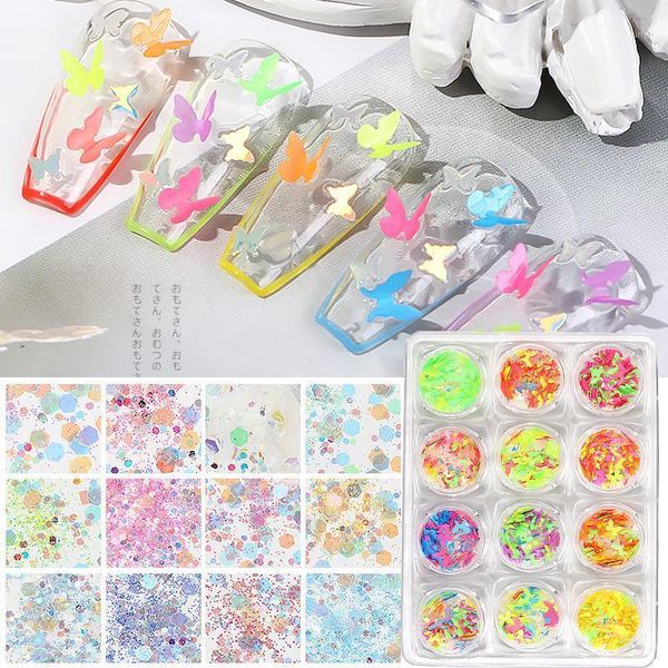 

box fluorescent butterfly nail glitter 3d laser sequins diy art decoration star decor for nails accessories1, Silver;gold