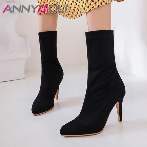 

boots annymoli super high heel ankle woman stiletto shoes pointed toe short female autumn winter green large size 461, Black