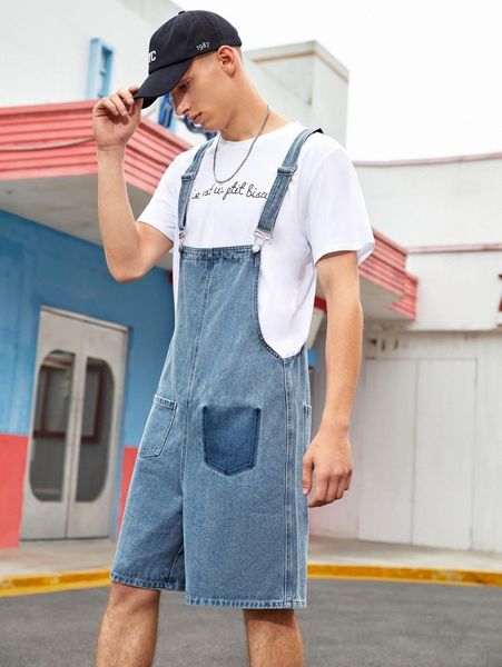 

men dual pocket denim overall romper without tee 4605#, Blue