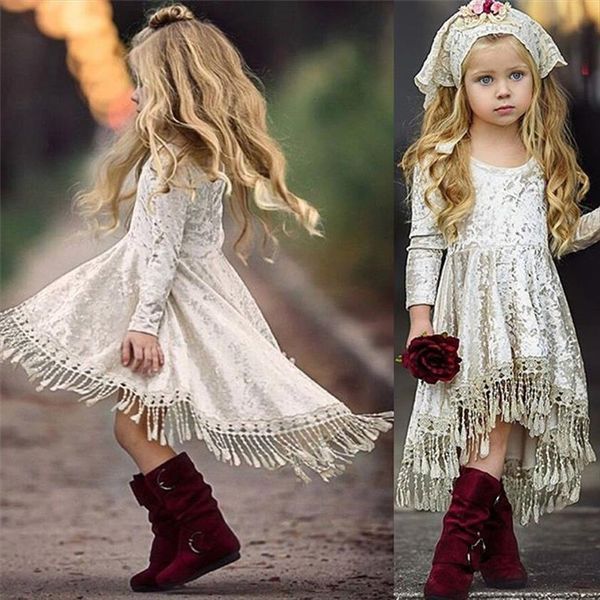 

flower girl velvet tassel dress long sleeve princess baby party pageant, Red;yellow