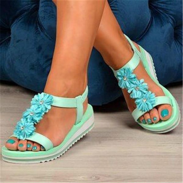 

women summer sandals low heels wedges shoes woman plus size flats sweet flowers open toe fashion sandalias t, Black
