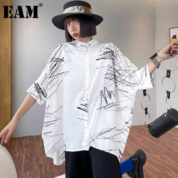 

[eam] women white big size print rufflew blouse stand collar half sleeve loose fit shirt fashion spring summer 1dd7411 21512