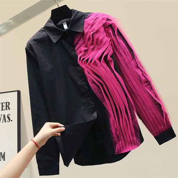 

femlae blouse women's lapel contrasting color pleated edge long sleeve black shirt fashion shirts blouses ladies blusas &, White