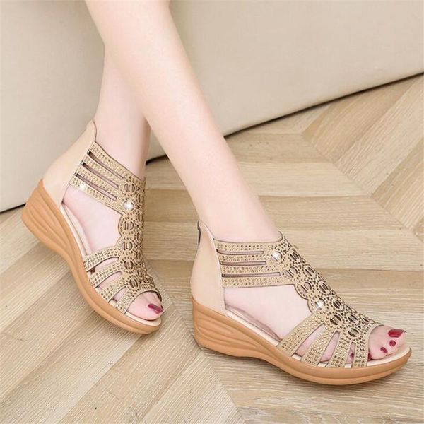 

woman sandals women cyrstal comfortable pumps ladies fashion wedges female rome bling hollow out shoes women's zip footwear, Black