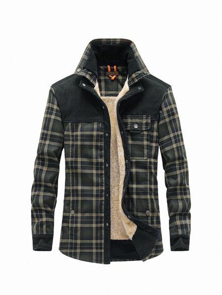 

men plaid print teddy lined pocket front coat u2kz#, Black;brown