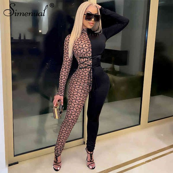 

simenual patchwork mesh color blocking jumpsuits for women long sleeve see through lace up bodycon overalls 2021 spring fashion, Black;white