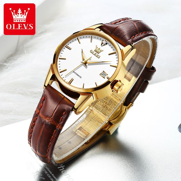 

olevs women's watches brown leather automatic mechanical classic ladies casual 3atm waterproof, Slivery;brown