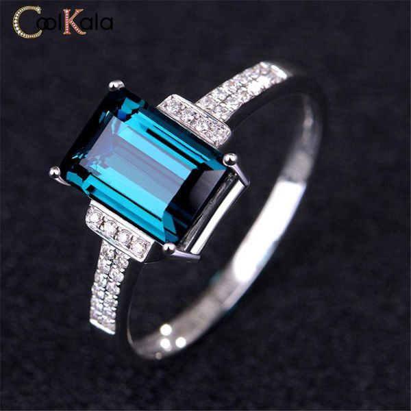 

coolkala high-end rectangular peacock blue tourmaline open women's fashion live ring jewelry cluster rings, Golden;silver