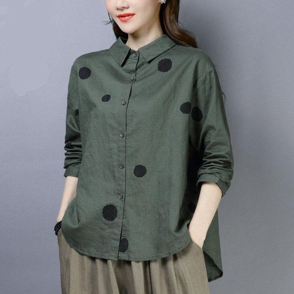 

women's blouses & shirts autumn arts style women plus size loose long sleeve casual blouse polka dot print cotton linen shirt ladies d, White