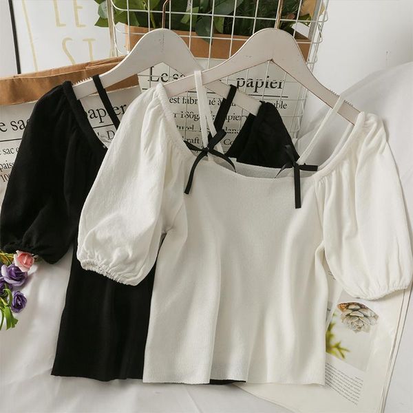 

women's blouses & shirts women fashion slim bodycon knitted short sleeves low collar blouse lady sweet casual outdoor girls elegant dai, White