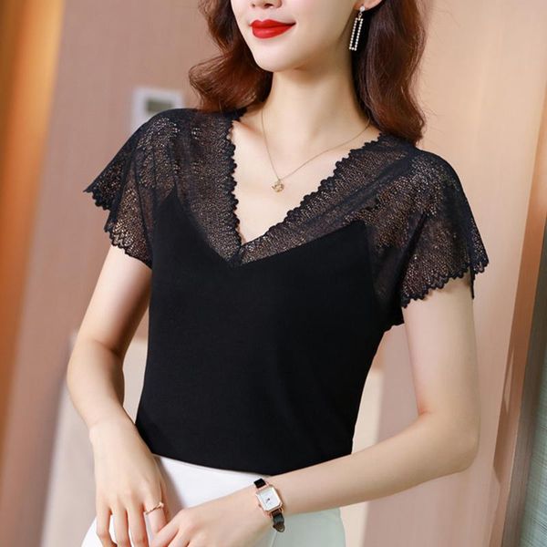 

women's blouses & shirts women lace arrivals summer short sleeve v-neck blouse shirt hollow out plus size blusas, White