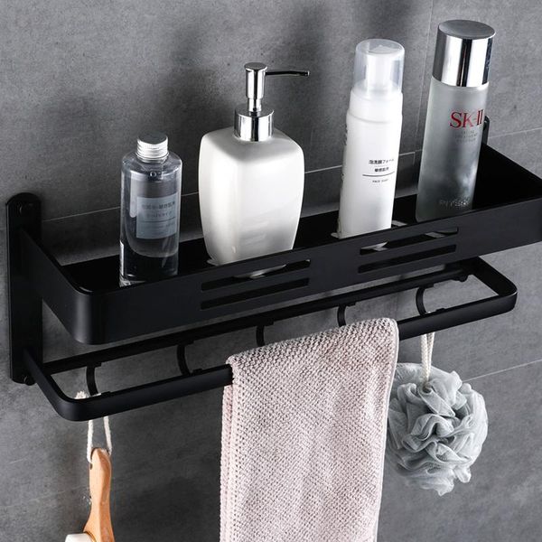 

black stainless aluminum bathroom shower storage rack towel bar with hooks accessories organizer shelf shampoo container shelves