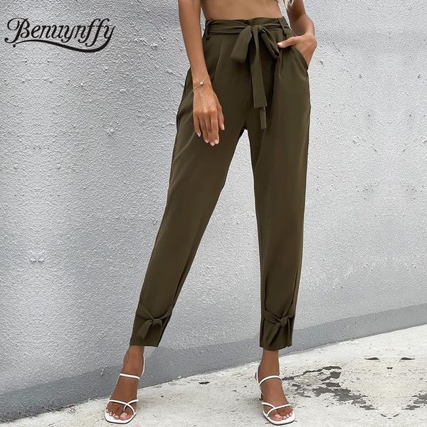 

women's pants & capris benuynffy casual solid knot belted women fashion summer high waist female trousers womens elegant harem, Black;white