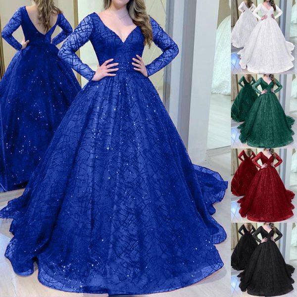 

casual dresses women sequined big swing dress elegant ladies v neck banquet wedding party long bridesmaid infinity robe longue femme, Black;gray