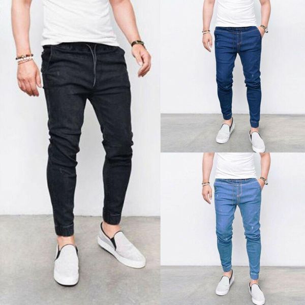 

men's jeans men jogger sports slim fit frayed denim pants trousers full length bottoms, Blue