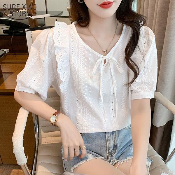 

women's blouses & shirts 2021 summer puff sleeve short chiffon blouse bow collar pleated ruffled straight solid shirt 14603, White