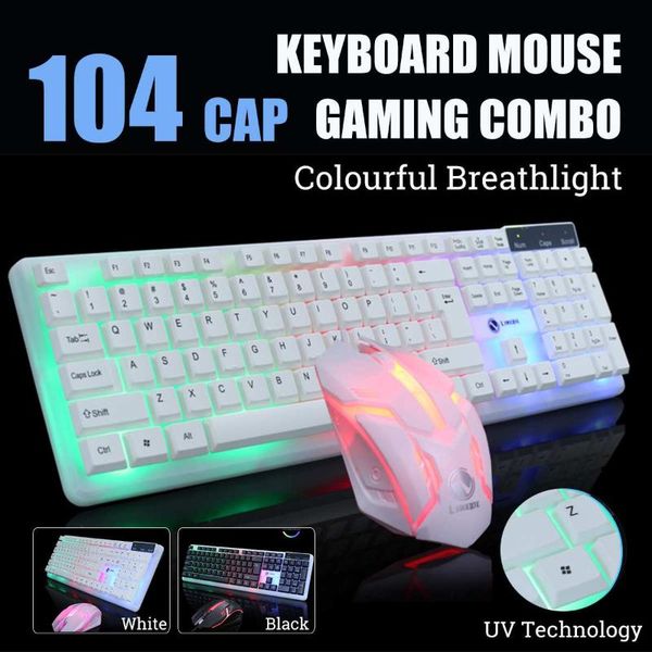 

keyboard mouse combos 104 keys led rainbow colorful gaming combo backlit ergonomic usb wired keyboard+mouse set white / black